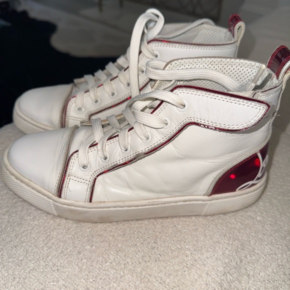 Christian Louboutin White and Red High-Top Sneakers